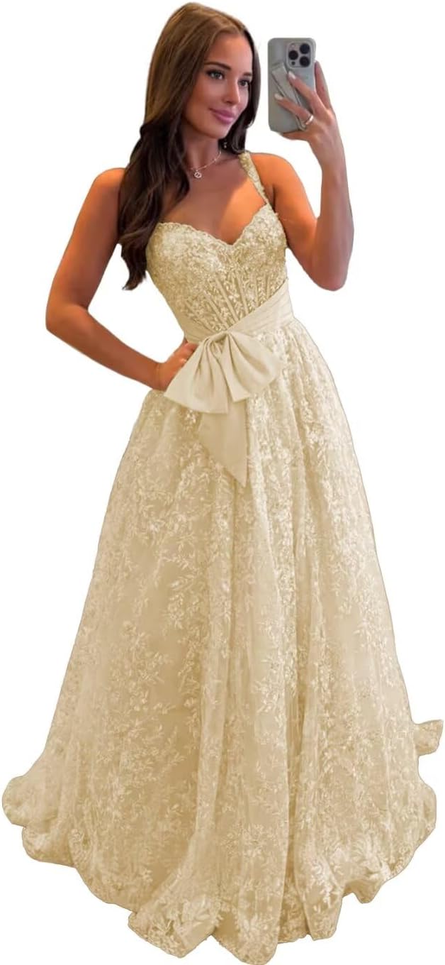 Lace Tulle Prom Dresses with Bow Appliques Corset A Line Long Formal Dress