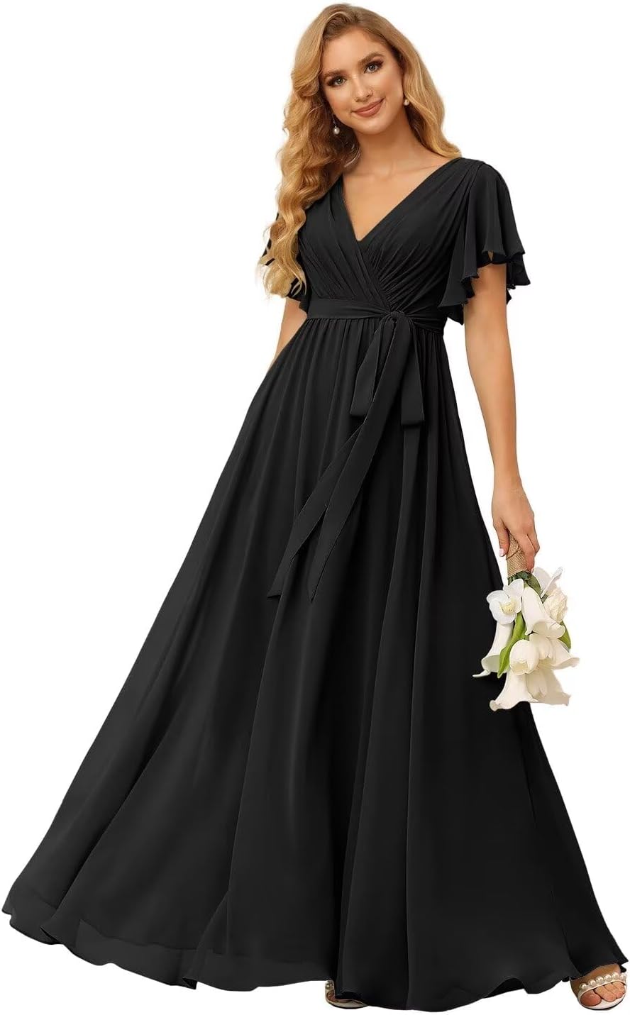 Damen Brautjungfernkleider mit Flatterärmeln, lang, mit Taschen, V-Ausschnitt, Chiffon, formelle Kleider 