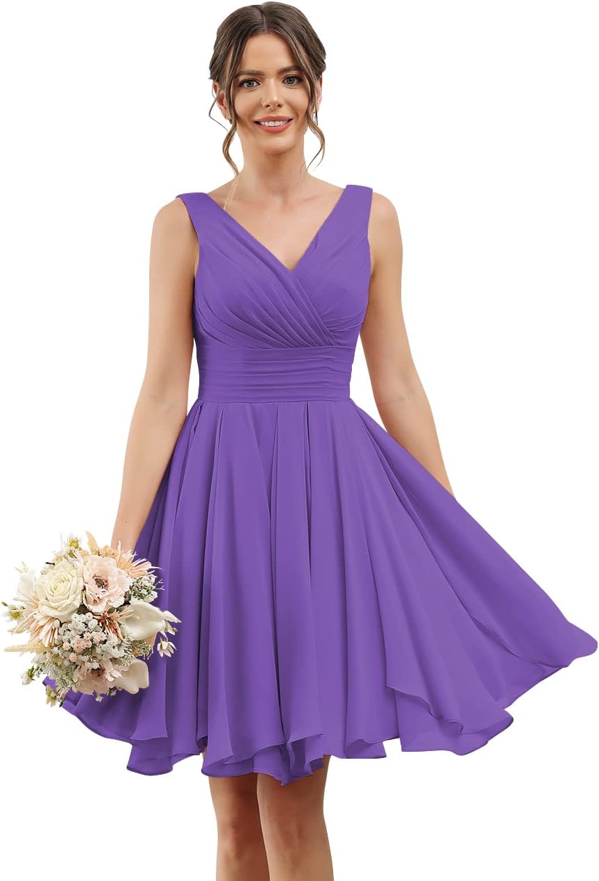 Double V Neck Short Bridesmaid Dresses for Women 2025 Chiffon A Line Formal Evening Gowns with Pockets