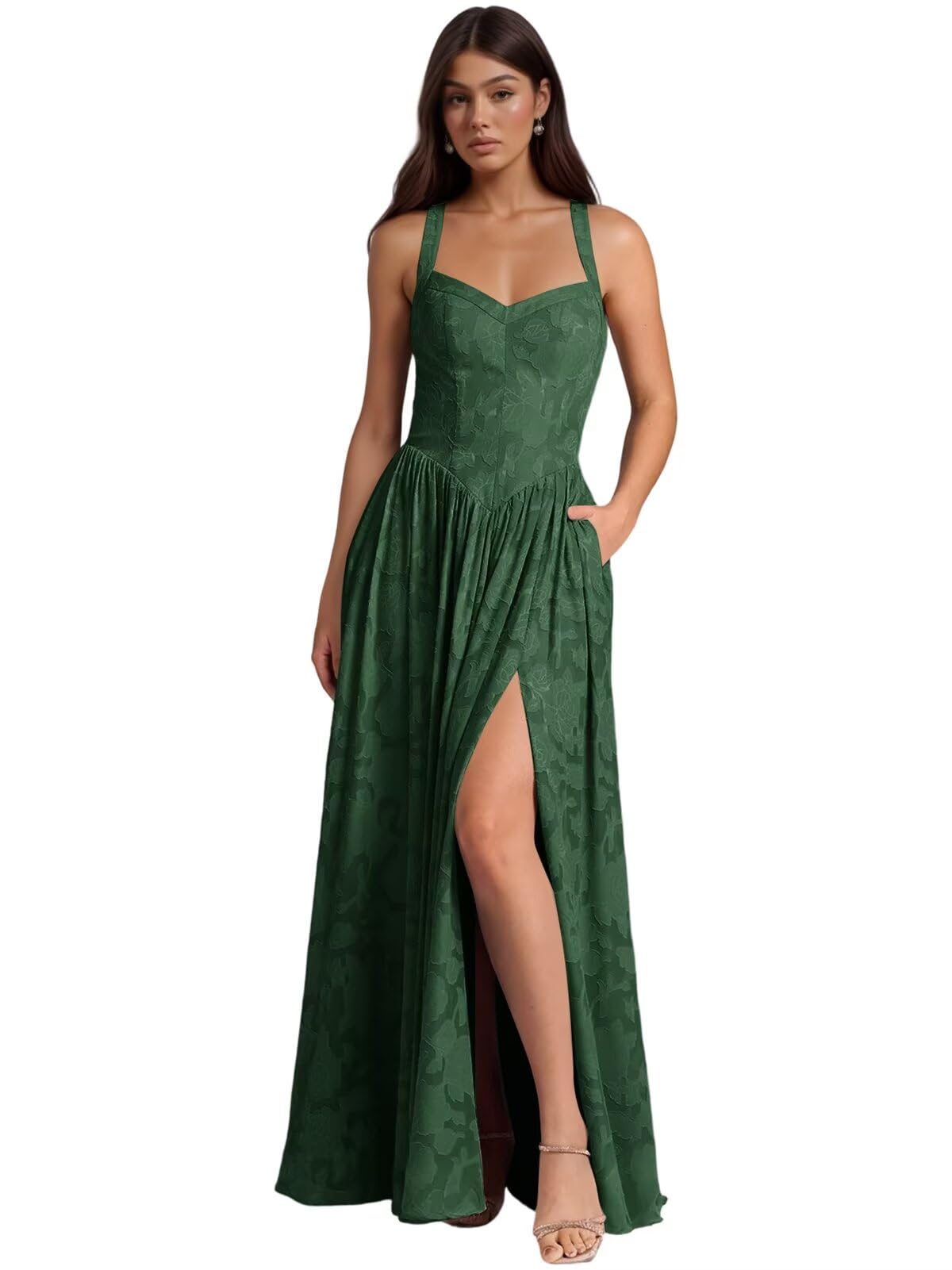 Jacquard Floral Lace Wedding Guest Dress Long Slit A Line Bridesmaid Dresses with Pockets Formal Gown