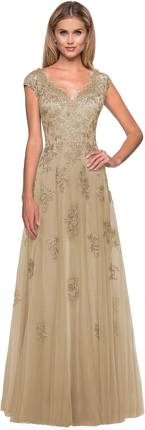 Women's V Neck Cap Sleeves Mother of The Bride Dresses Long Lace Formal Prom Evening Gowns with Pockets