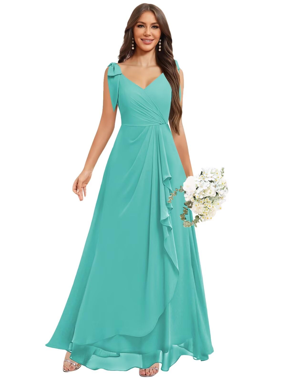 Chiffon Bridesmaid Dresses for Women Ruffles V Neck Flowy Long Formal Evening Dress with Bow