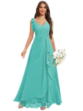 Chiffon Bridesmaid Dresses for Women Ruffles V Neck Flowy Long Formal Evening Dress with Bow