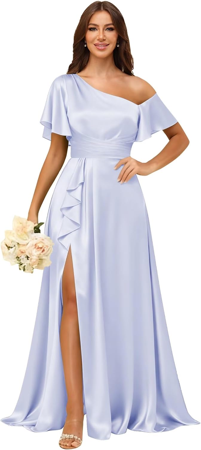 Short Sleeve Satin Bridesmaid Dresses for Women Ruffle One Shoulder Formal Evening Gowns with Slit