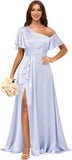 Short Sleeve Satin Bridesmaid Dresses for Women Ruffle One Shoulder Formal Evening Gowns with Slit