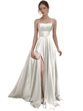 Women's Satin Prom Dresses with Slit Strapless A Line Corset Ball Gowns Spaghetti Straps Formal Evening Gowns with Pockets