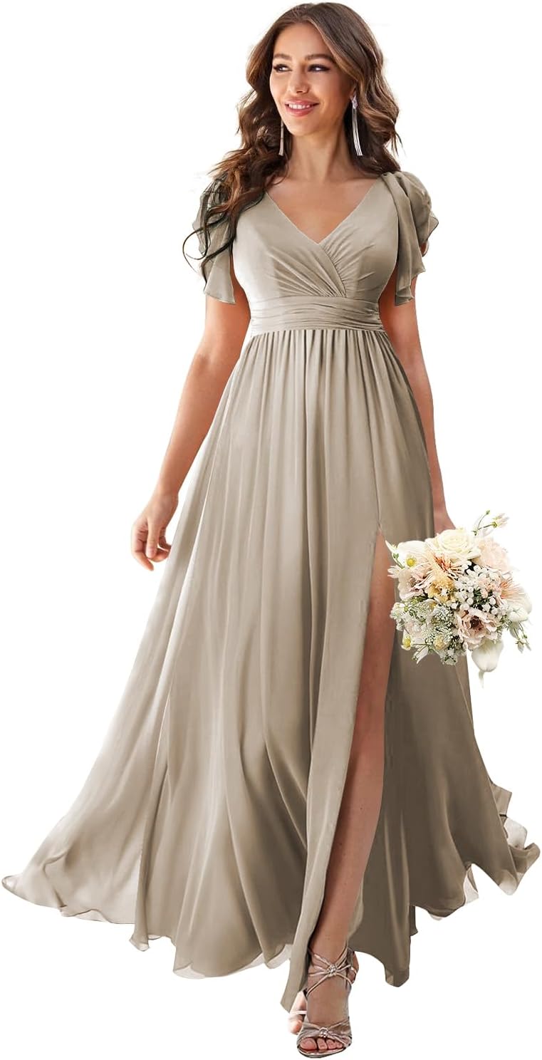 V Neck Flutter Sleeves Bridesmaid Dresses with Slit 2025 Chiffon Aline Pleats Formal Evening Gowns for Women