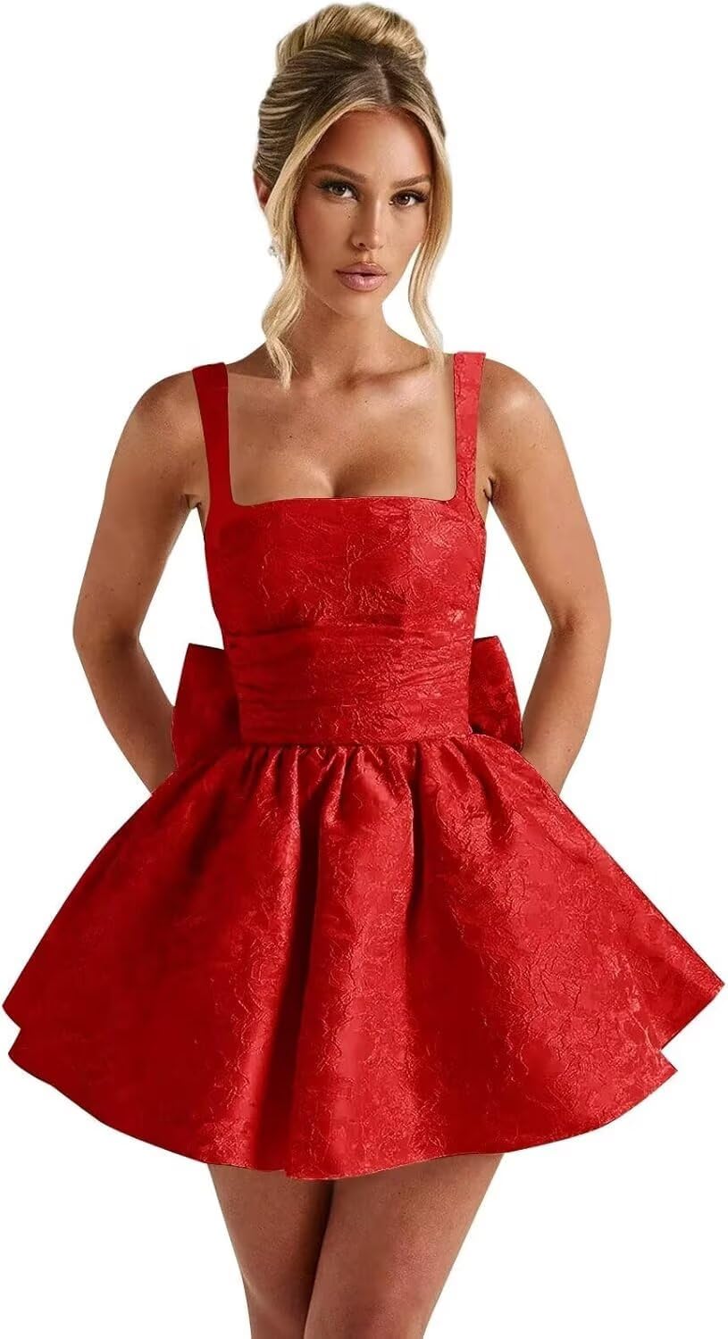 Jacquard Satin Homecoming Dresses for Teens Spaghetti Straps Short Prom Dress A-line Cocktail Party Gowns with Bow