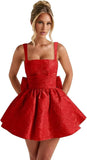 Jacquard Satin Homecoming Dresses for Teens Spaghetti Straps Short Prom Dress A-line Cocktail Party Gowns with Bow