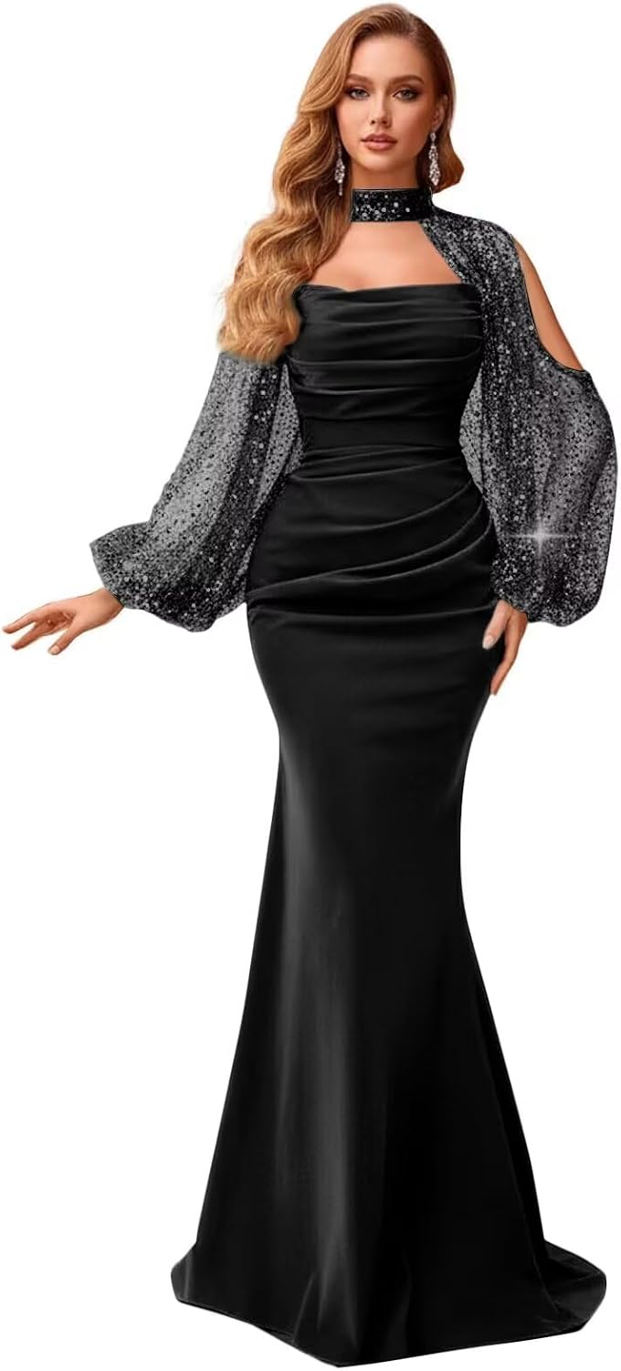 Kingbridal Gowns Long Sleeve Prom Dresses 2026 Mermaid Satin Formal Dress for Women Sparkly Sequin Halter Neck Evening Party Gowns