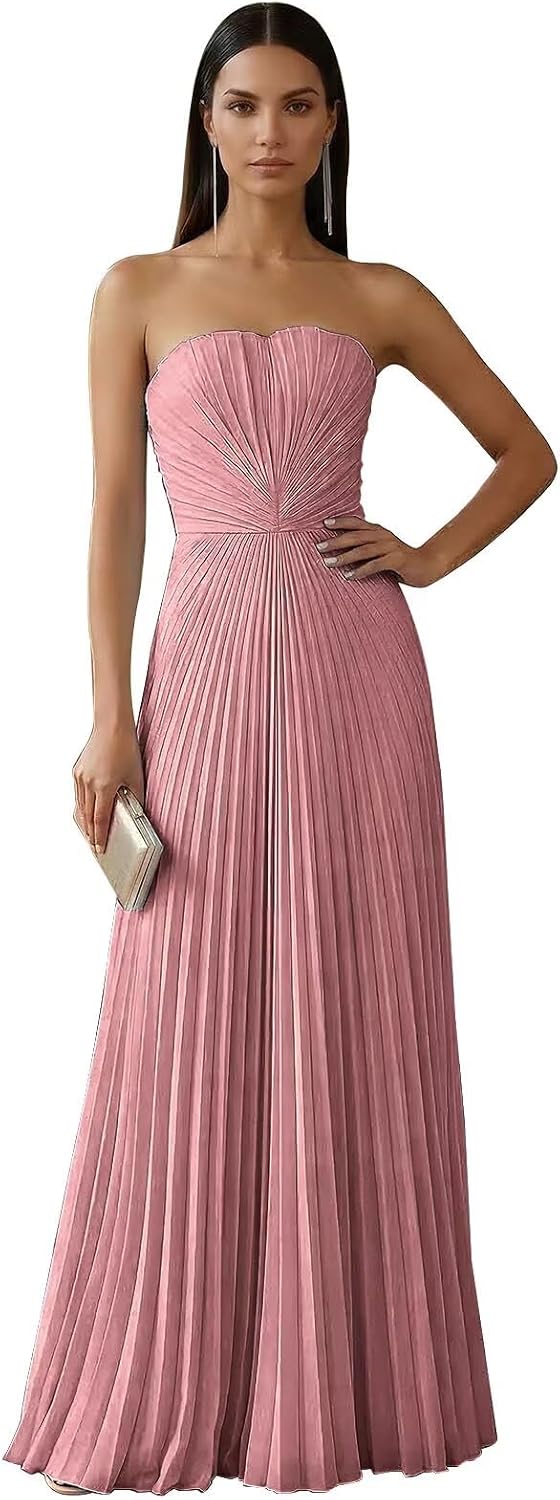 Strapless Prom Dresses for Women Long A Line Cocktail Dress Pleated Chiffon Formal Wedding Guest Dress