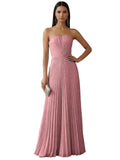 Strapless Prom Dresses for Women Long A Line Cocktail Dress Pleated Chiffon Formal Wedding Guest Dress