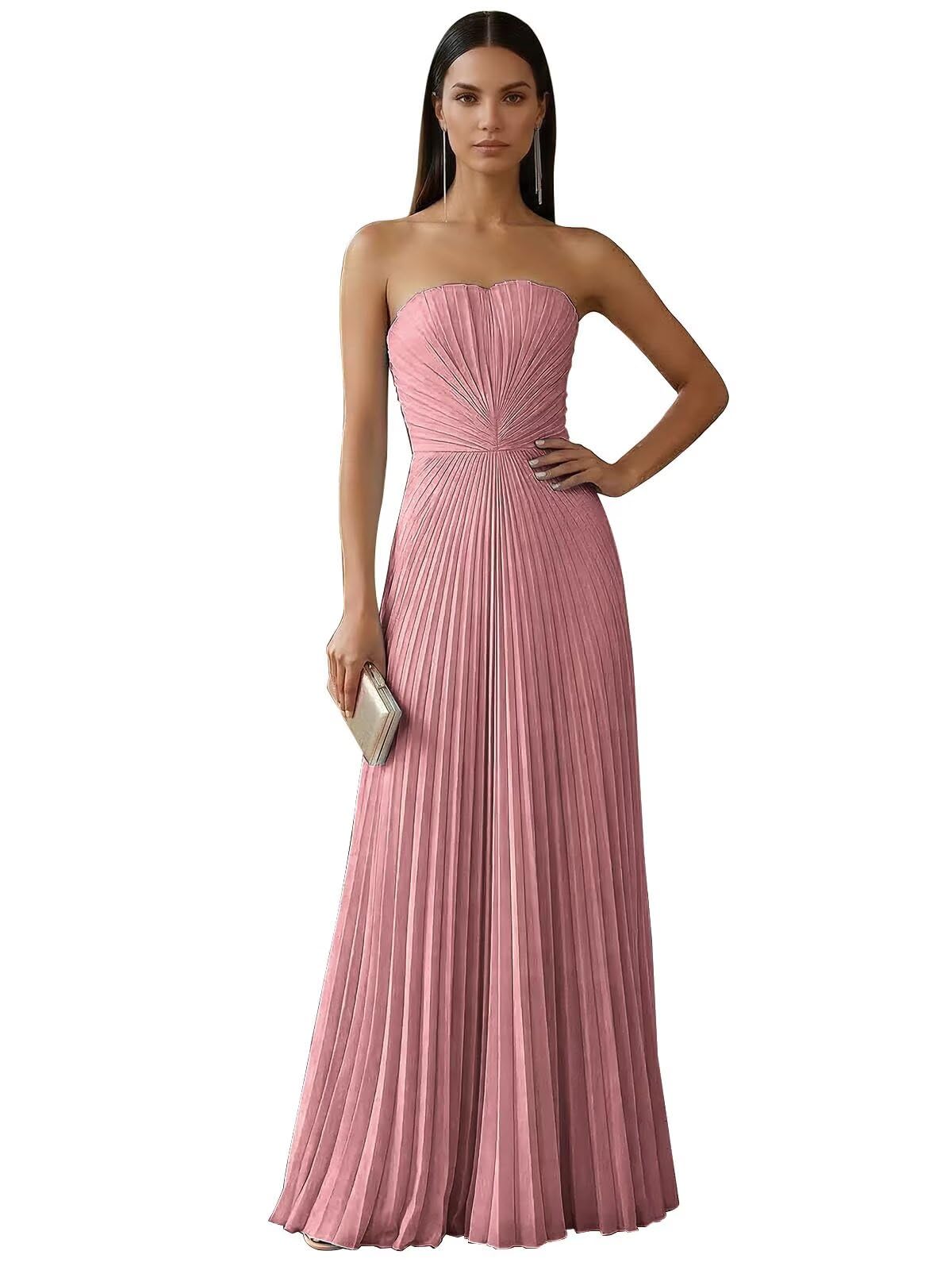 Ruched Strapless Prom Dresses for Women Long A Line Cocktail Dress Pleated Chiffon Formal Wedding Guest Dress