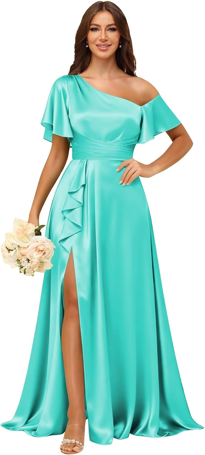 Short Sleeve Satin Bridesmaid Dresses for Women Ruffle One Shoulder Formal Evening Gowns with Slit