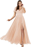 Damen Brautjungfernkleider mit Flatterärmeln, lang, mit Schlitz, V-Ausschnitt, Chiffon, formelle Kleider 