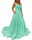 Kingbridal Gowns Spaghetti Straps Prom Dresses Long for Women 2026 A Line Sequin Satin Formal Evening Party Ball Gowns with Slit