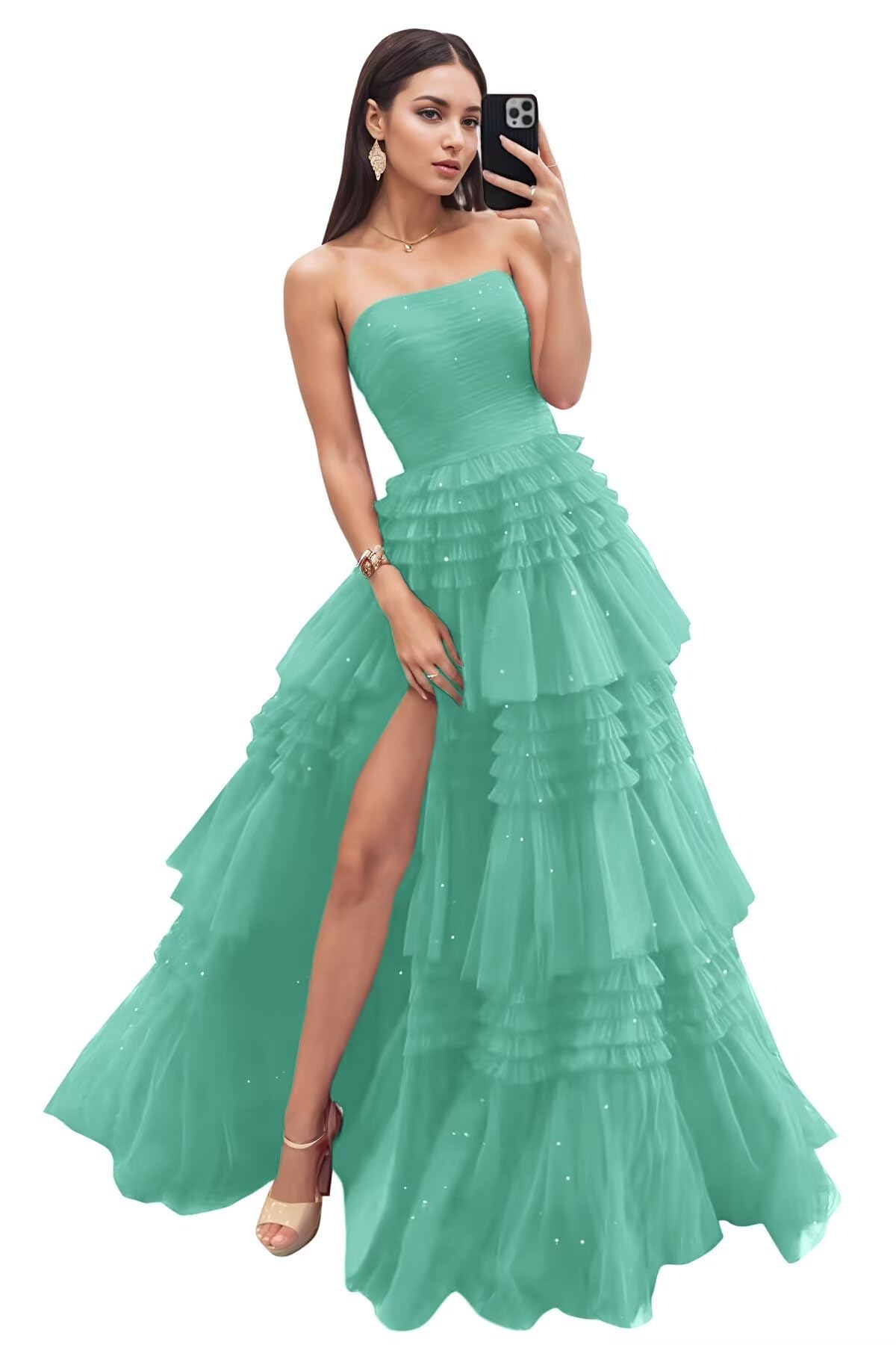 Strapless Tiered Tulle Prom Dresses for Women 2027 Long Sparkly A-Line Formal Evening Party Ball Gowns with Slit