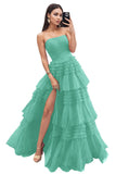 Strapless Tiered Tulle Prom Dresses for Women 2027 Long Sparkly A-Line Formal Evening Party Ball Gowns with Slit