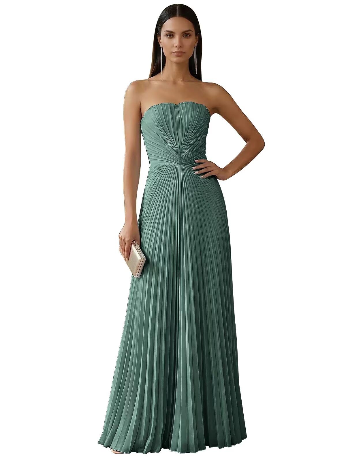 Strapless Prom Dresses for Women Long A Line Cocktail Dress Pleated Chiffon Formal Wedding Guest Dress