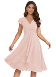 Short Chiffon Bridesmaid Dresses for Women V Neck Flutter Sleeves Ruffle Formal Cocktail Gowns with Pockets