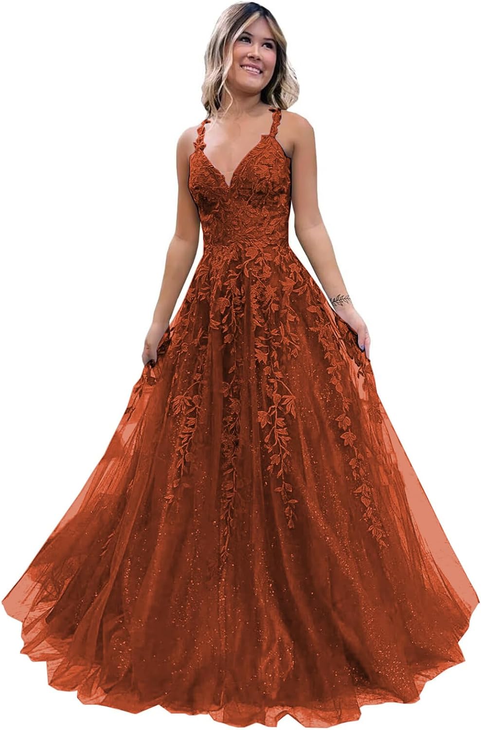 Women's Sparkly Tulle Lace Applique Prom Dresses 2025 Long Spaghetti Straps Formal Evening Gowns