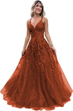 Women's Sparkly Tulle Lace Applique Prom Dresses 2025 Long Spaghetti Straps Formal Evening Gowns