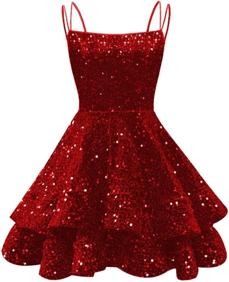 Spaghetti Straps Sequin Homecoming Dresses for Teens Sparkly Tiered Short Prom Dress 2026 Mini Cocktail Party Gown