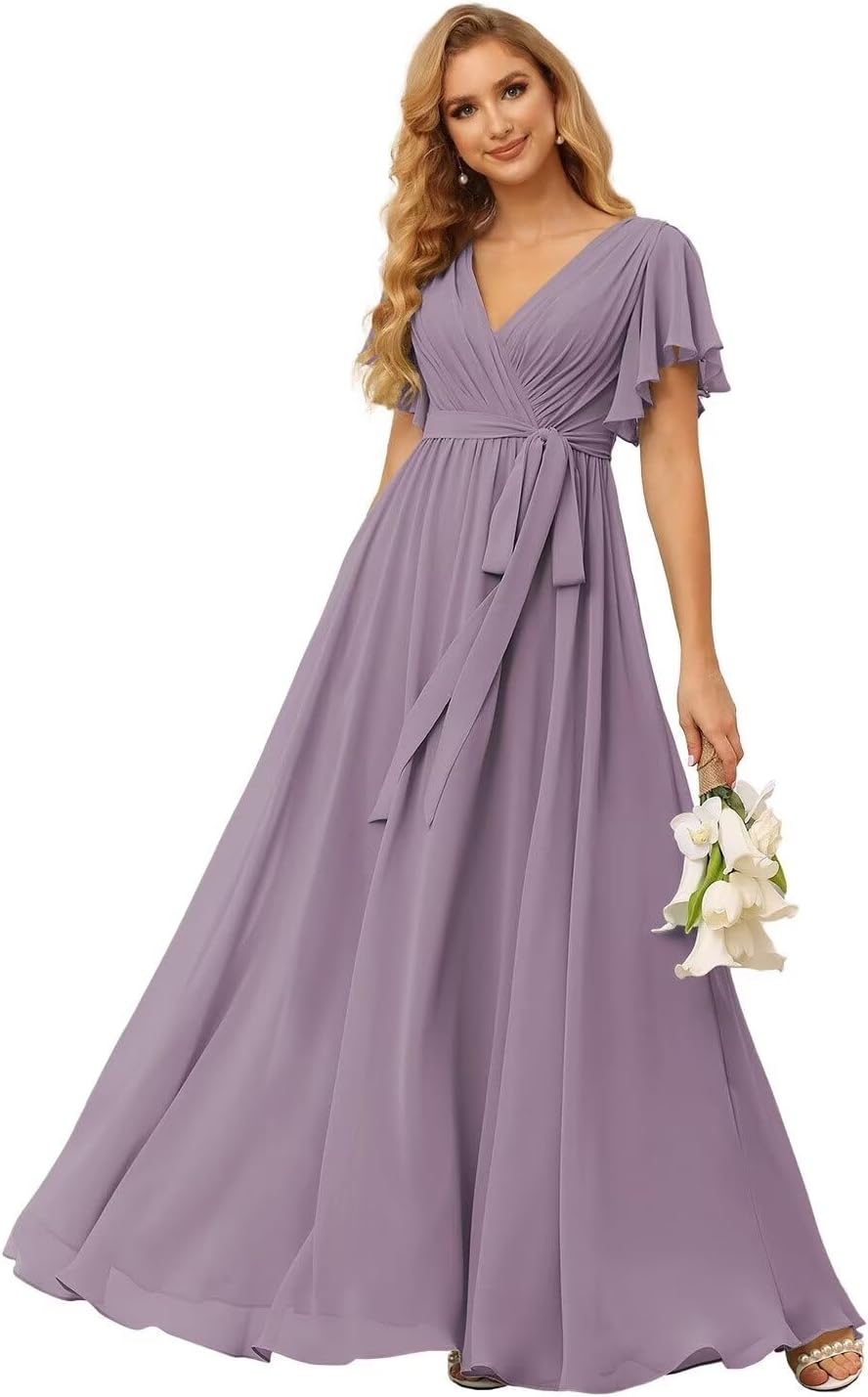 Damen Brautjungfernkleider mit Flatterärmeln, lang, mit Taschen, V-Ausschnitt, Chiffon, formelle Kleider 
