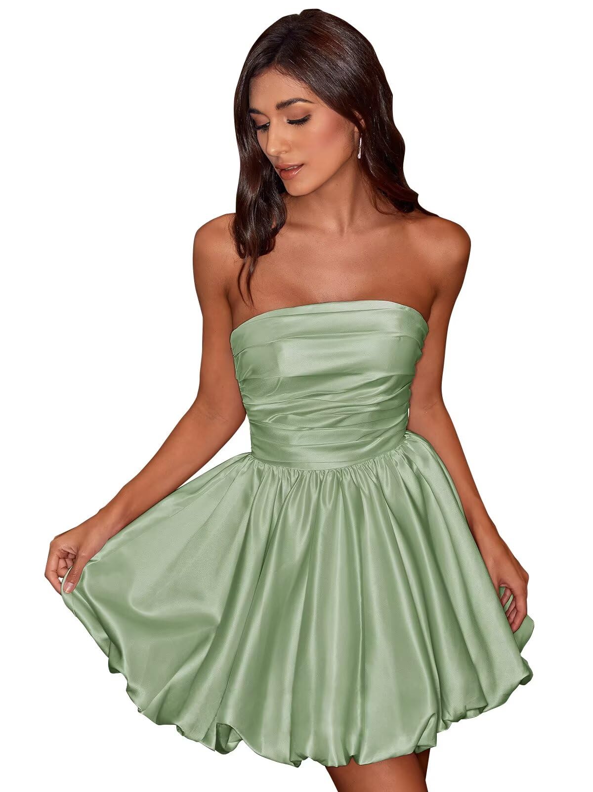 Short Satin A-Line Ruched Homecoming Dresses for Teens Strapless Ruched Mini Formal Cocktail Party Dress