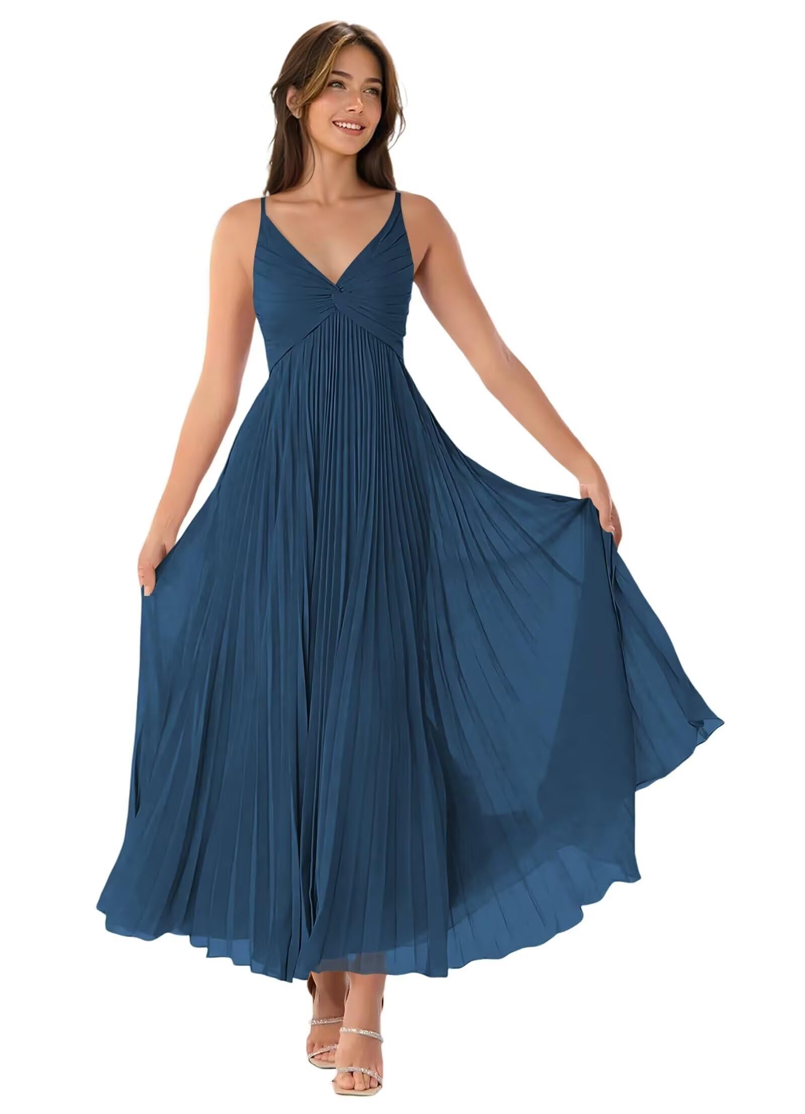 V-Neck Pleated Bridesmaid Dresses for Women Chiffon Spaghetti Straps Pleates Long Formal Wedding Guest Dress