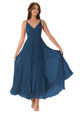 V-Neck Pleated Bridesmaid Dresses for Women Chiffon Spaghetti Straps Pleates Long Formal Wedding Guest Dress