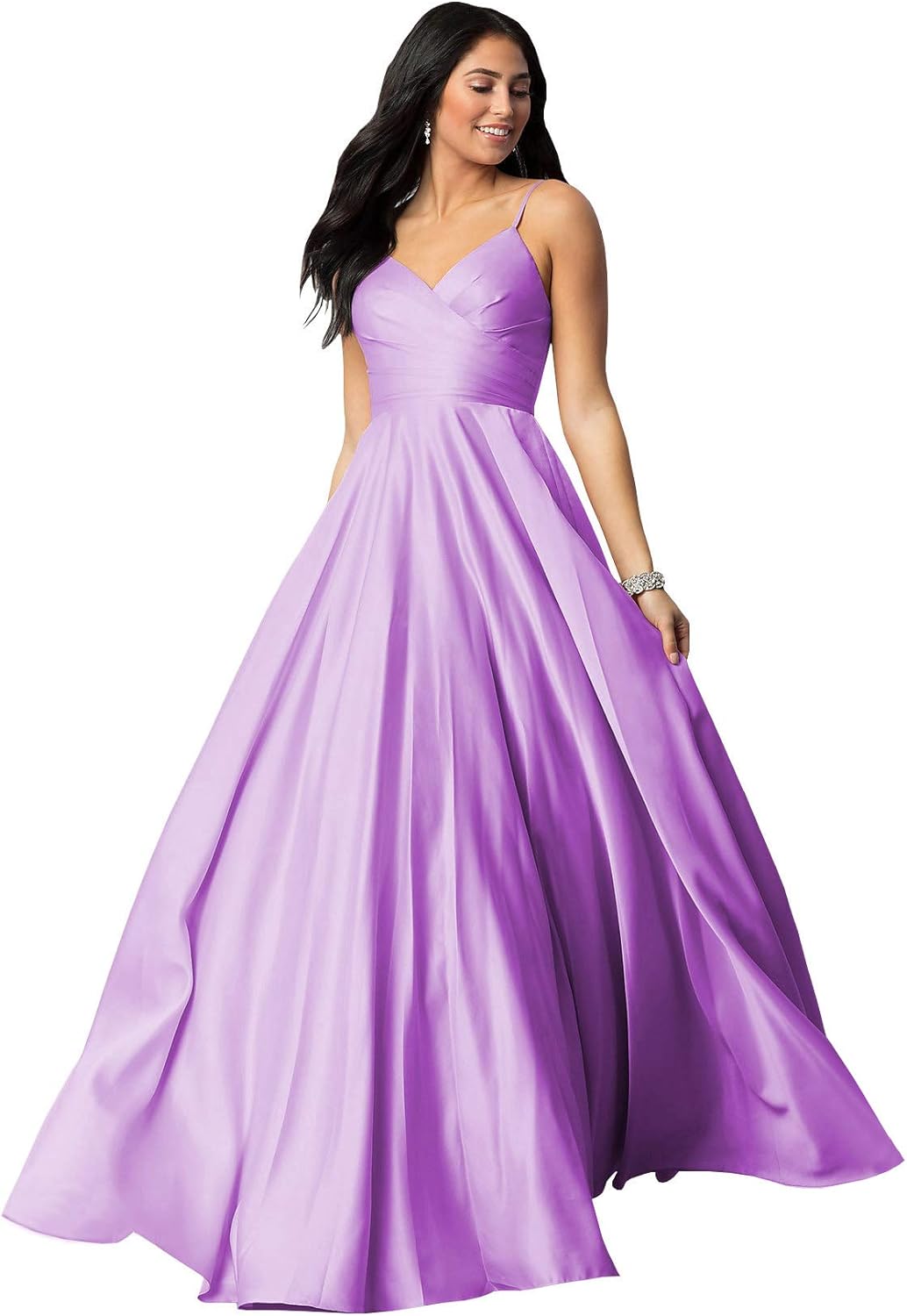 Women's Spaghetti Straps Satin Prom Dresses with Pockets V Neck Pleated Formal Evening Ball Gowns