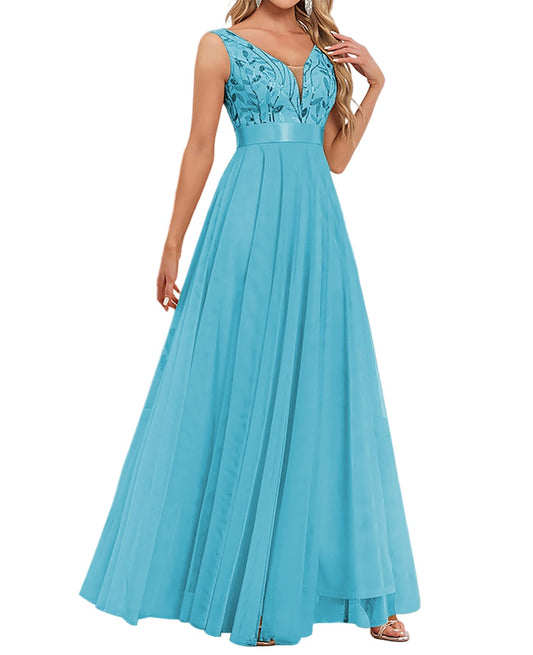 Women's Formal Dresses Long Evening Gowns Tulle V Neck Sleeveless Sparkly Sequin Cocktail Party Wedding Guest Dress
