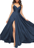 Satin Bridesmaid Dresses for Women Spaghetti Straps Wedding Guest Dress Long V Neck Formal Gown with Slit