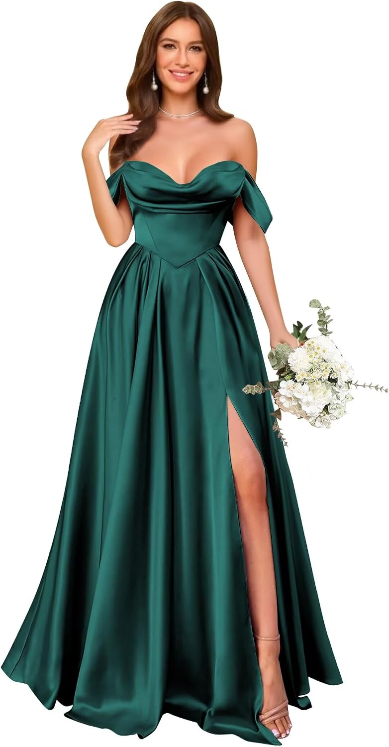 Off Shoulder Satin Bridesmaid Dresses Long Pleated Formal Dresses A Line Evening Gowns with Slit