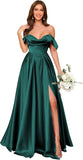 Off Shoulder Satin Bridesmaid Dresses Long Pleated Formal Dresses A Line Evening Gowns with Slit