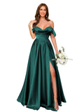 Off Shoulder Satin Bridesmaid Dresses Long Pleated Formal Dresses A Line Evening Gowns with Slit