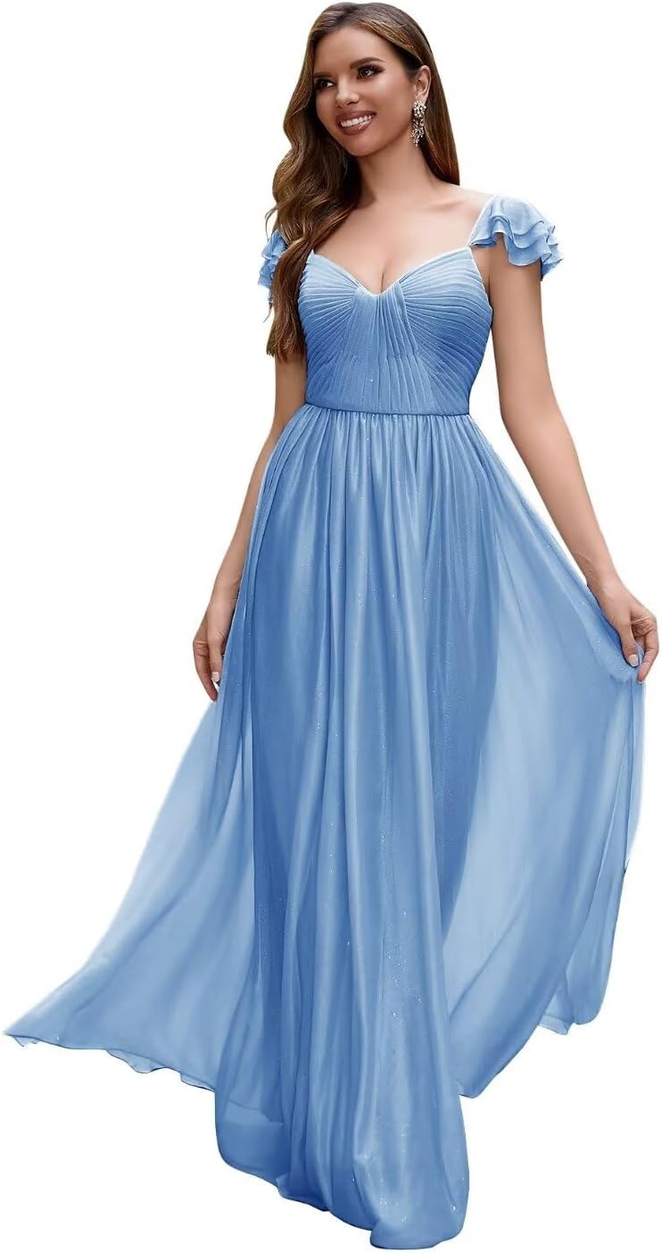 Cap Sleeve Bridesmaid Dresses for Women Long V Neck Ruffled Split Glittery Long Formal Evening Dress with Pocket