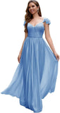 Cap Sleeve Bridesmaid Dresses for Women Long V Neck Ruffled Split Glittery Long Formal Evening Dress with Pocket