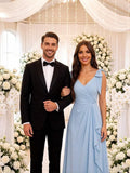 Chiffon Bridesmaid Dresses for Women Ruffles V Neck Flowy Long Formal Evening Dress with Bow