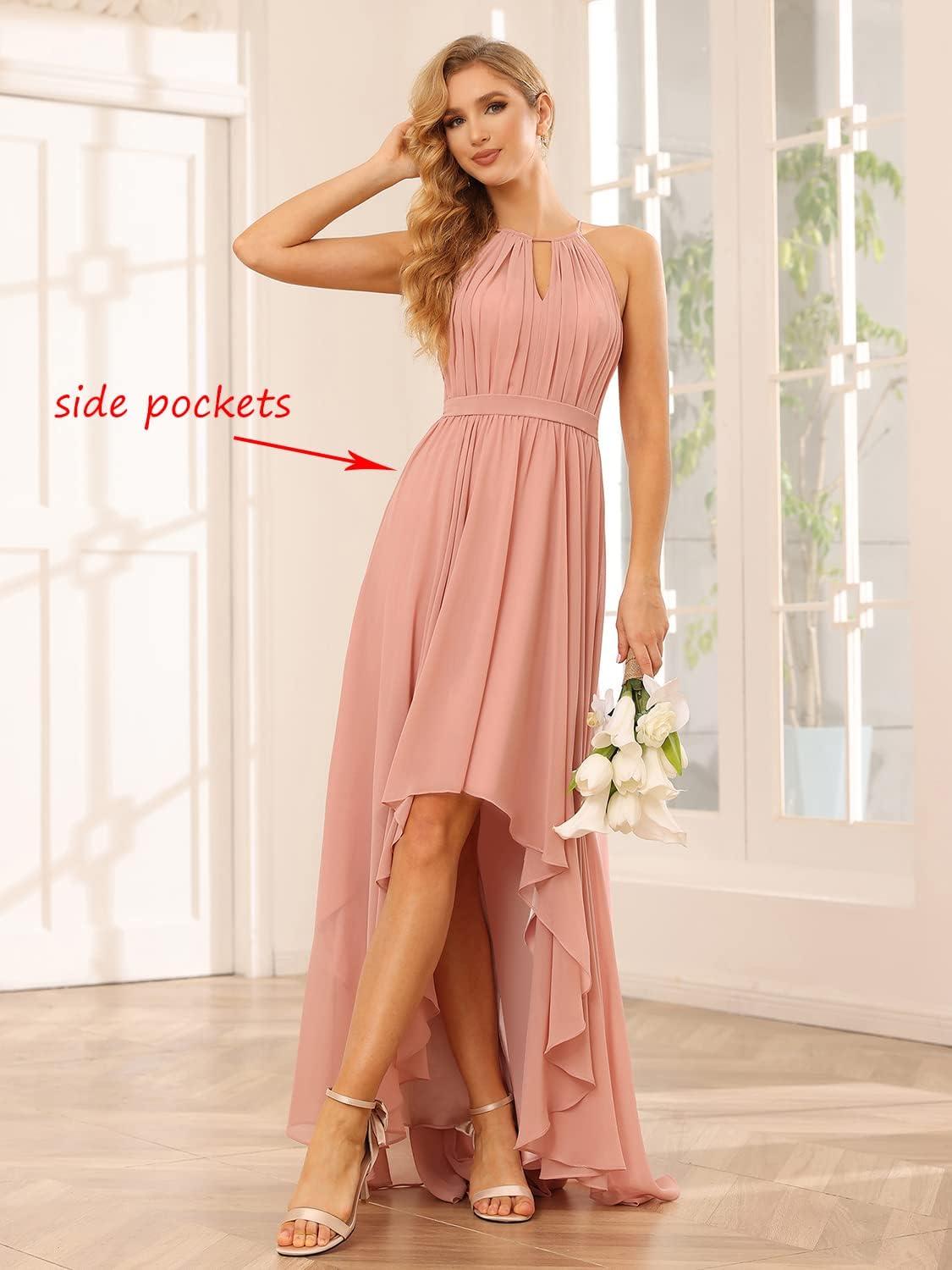 Damen Neckholder Brautjungfernkleider Lang mit Taschen High-Low Falten Formelles Kleid für Hochzeit 