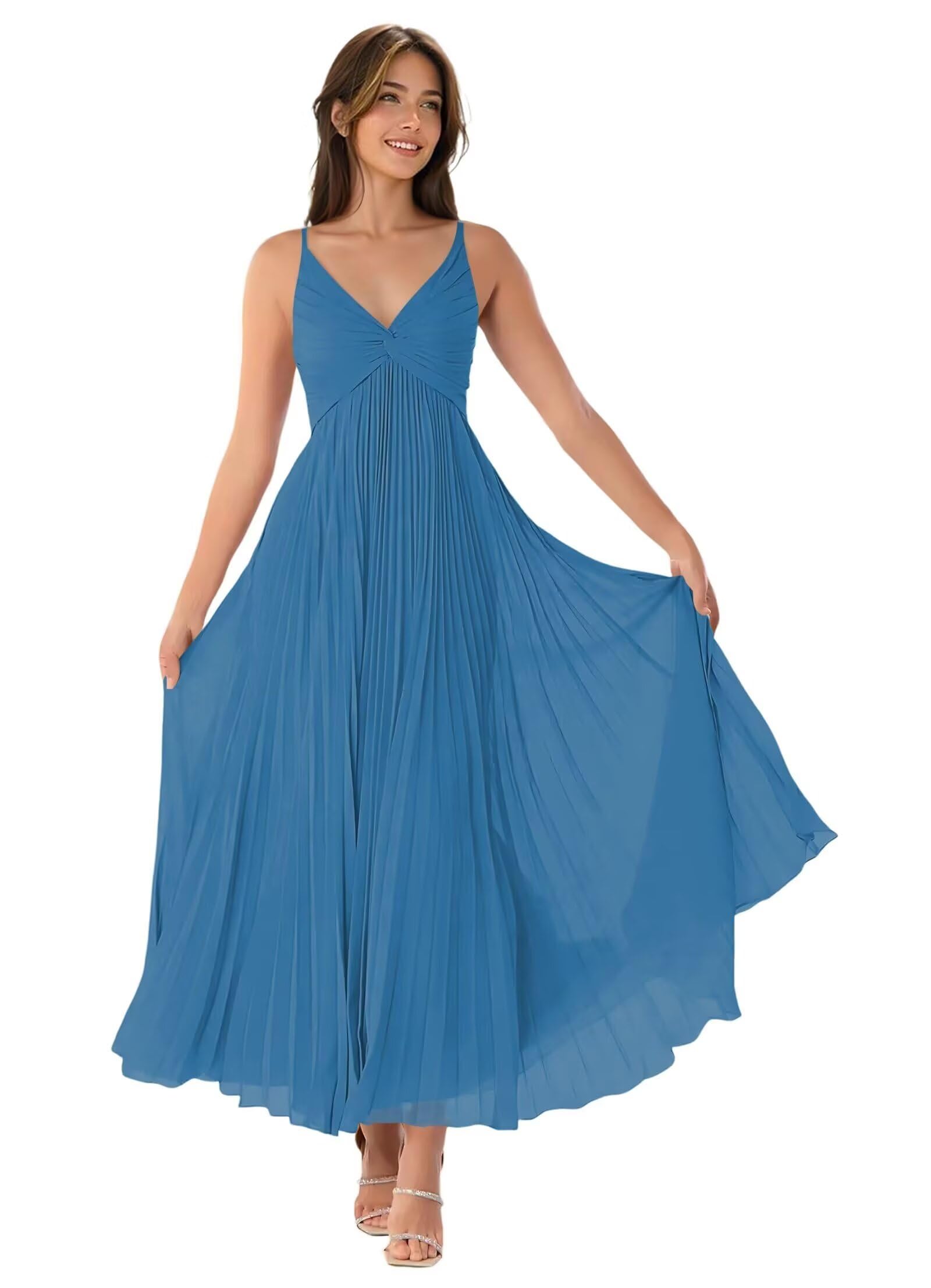 V-Neck Pleated Bridesmaid Dresses for Women Chiffon Spaghetti Straps Pleates Long Formal Wedding Guest Dress