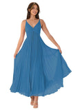V-Neck Pleated Bridesmaid Dresses for Women Chiffon Spaghetti Straps Pleates Long Formal Wedding Guest Dress