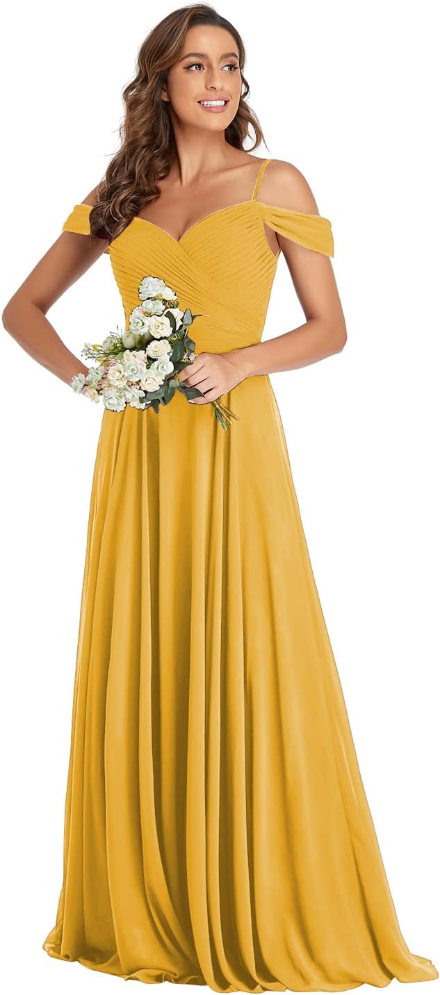 Off The Shoulder Chiffon Bridesmaid Dresses Long Spaghetti Straps A Line Formal Party Dress