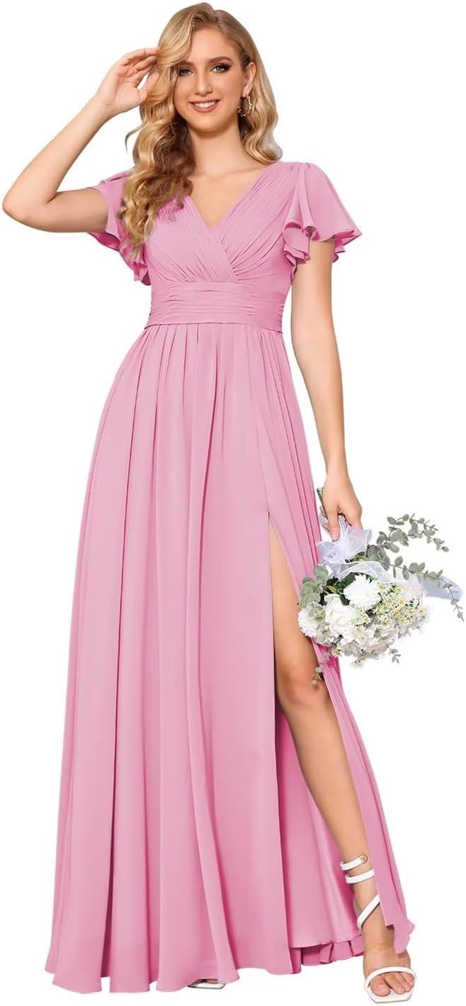Flutter Sleeves Split Bridesmaid Dresses with Slit Long V Neck Empire Waist Formal Dress for Women Wedding