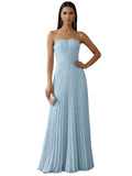 Strapless Prom Dresses for Women Long A Line Cocktail Dress Pleated Chiffon Formal Wedding Guest Dress