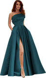 Women's One Shoulder Prom Dresses Long Satin Side Slit Formal Evening Gowns with Pockets