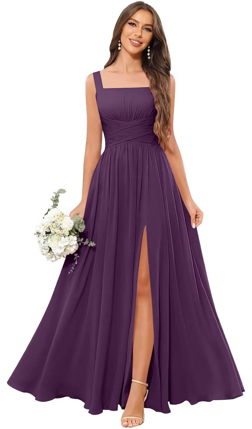 Kingbridal Chiffon A-line Bridesmaid Dresses for Women 2027 Long Square Neck Pleated Formal Evening Party Dress with Slit