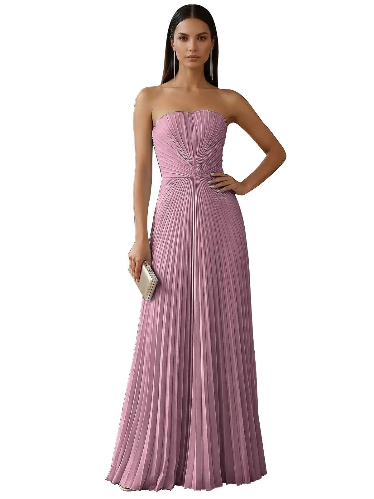 Strapless Prom Dresses for Women Long A Line Cocktail Dress Pleated Chiffon Formal Wedding Guest Dress