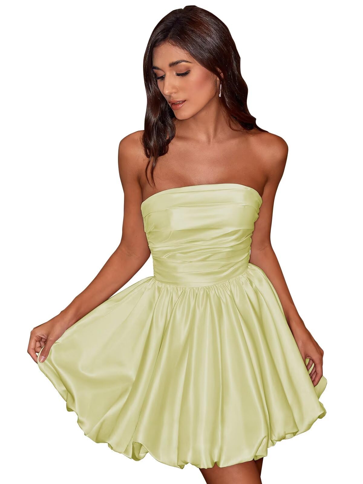 Short Satin A-Line Ruched Homecoming Dresses for Teens Strapless Ruched Mini Formal Cocktail Party Dress